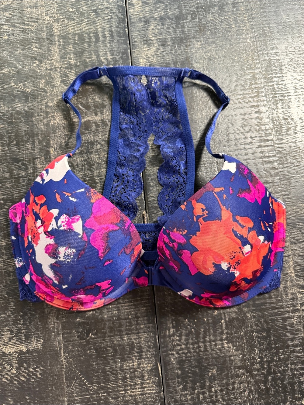 Floral Navy Racerback Push-Up Bra with Pink & Orange Accents